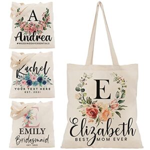 Personalized Floral Tote Bags Gift for Women w/Name Text Date - Customized Totes Bag for Beach Wedding Travel Work - Custom Flower Shoulder Bag - Custom Bachelorette Bridal Shower Birthday Gifts C1