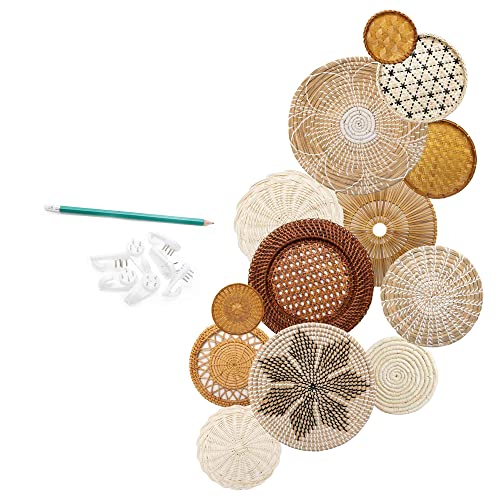 Set of 13 Hanging Woven Baskets for Wall Decor - Handcrafted Bamboo, Rattan & Seagrass Baskets Come with Hanger Nails, Marking Pencil & Templates