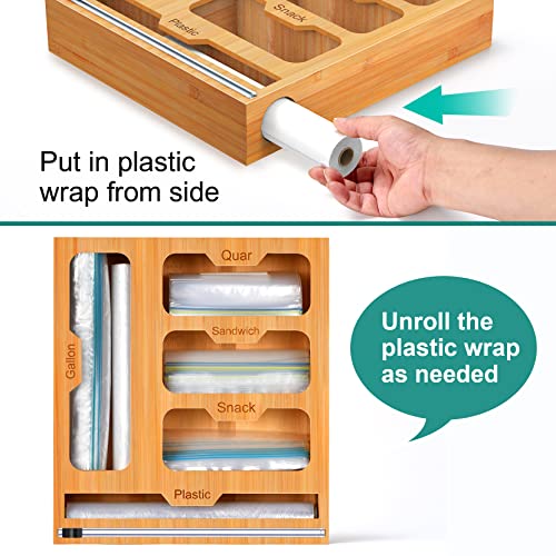 5 in 1 Plastic Wrap Dispenser with Cutter, Kitchen Drawer Storage Dispenser Suitable for Plastic Wrap，Aluminum Foil and Parchment Paper ,Bamboo Roll Organizer Holder, Compatible with 14" Roll