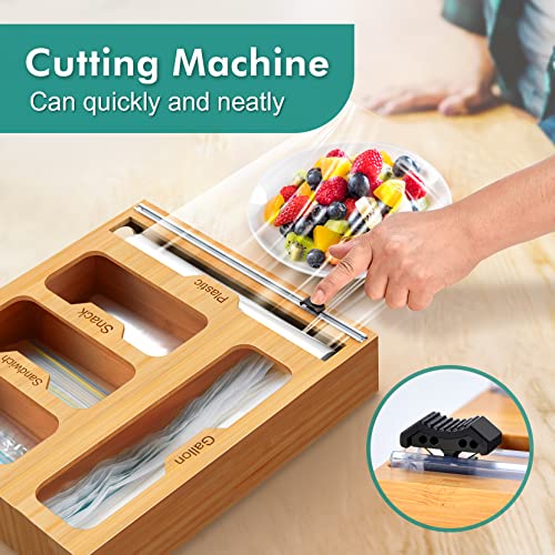 5 in 1 Plastic Wrap Dispenser with Cutter, Kitchen Drawer Storage Dispenser Suitable for Plastic Wrap，Aluminum Foil and Parchment Paper ,Bamboo Roll Organizer Holder, Compatible with 14" Roll