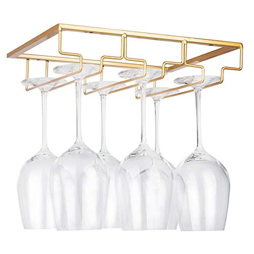 Wine Glass Rack - Under Cabinet Stemware Wine Glass Holder Glasses Storage Hanger Metal Organizer for Bar Kitchen Gold