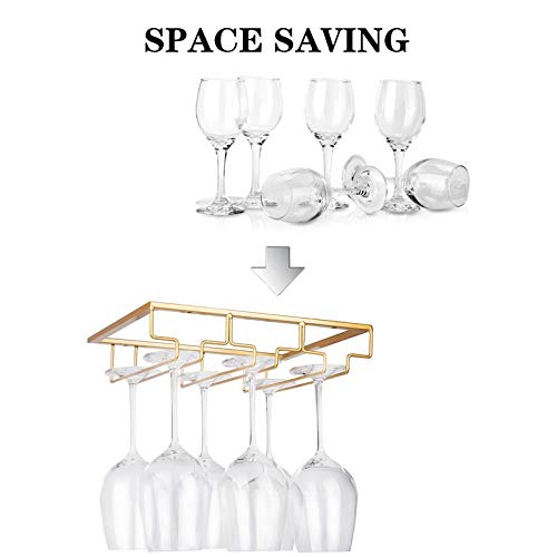 Wine Glass Rack - Under Cabinet Stemware Wine Glass Holder Glasses Storage Hanger Metal Organizer for Bar Kitchen Gold