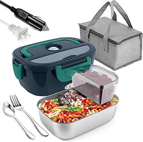 Electric Lunch Box, Electric Lunch Box Food Heater, 12V 24V 110V 3 in 1 Portable Food Warmer Heater for Car/Truck/Home with 1.5L Removable 304 Stainless Steel Container Fork/Spoon and Carry Bag