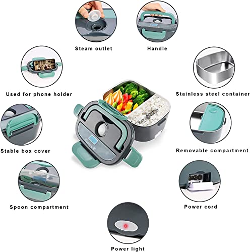 Electric Lunch Box, Electric Lunch Box Food Heater, 12V 24V 110V 3 in 1 Portable Food Warmer Heater for Car/Truck/Home with 1.5L Removable 304 Stainless Steel Container Fork/Spoon and Carry Bag