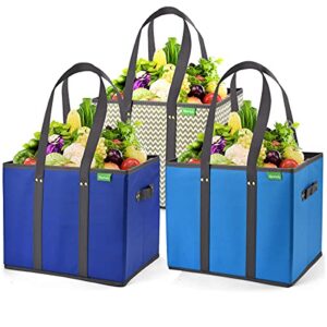 nerub reusable grocery bags shopping bags grocery tote bag with reinforced bottom heavy duty handles (set of 3, blue/gray/wave)