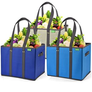 NERUB Reusable Grocery Bags Shopping Bags Grocery Tote Bag with Reinforced Bottom Heavy Duty Handles (Set of 3, Blue/Gray/Wave)