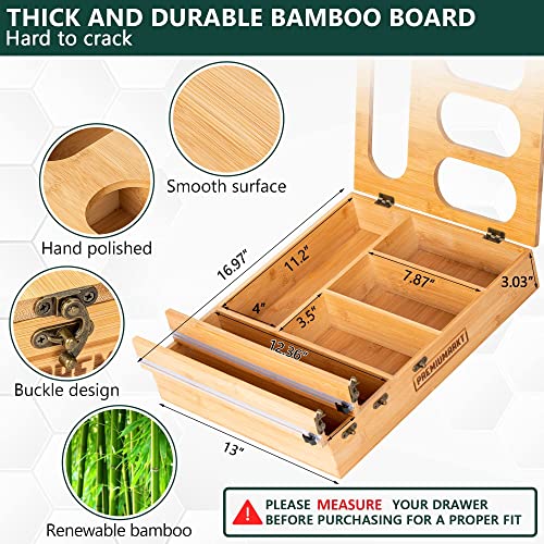 Premiumarkt 6in1 Thick Bamboo Ziplock Bag Organizer Wrap Dispenser with Cutter, Kitchen drawer organizer storage, Compatible with Gallon,Quart,Sandwich,Snack, Foil, Premium bamboo with wall mounts BMORG01