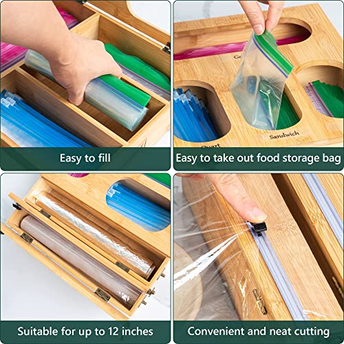 Premiumarkt 6in1 Thick Bamboo Ziplock Bag Organizer Wrap Dispenser with Cutter, Kitchen drawer organizer storage, Compatible with Gallon,Quart,Sandwich,Snack, Foil, Premium bamboo with wall mounts BMORG01