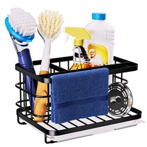 consumest sponge holder kitchen sink caddy organizer, kitchen sink organizer with drip tray for countertop, sus304 stainless steel rustproof soap sponge and dish brush holder – black