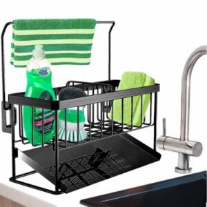dmjwan kitchen sink caddy organizer, 304 stainless steel sponge holder sink caddy for dish rags brush soap scrubber with auto drain tray