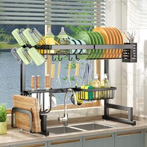 sayzh dish drying rack, over the sink dish drying rack adjustable (from 26″ to 34″), 2 tier dish rack with utensil holder sink caddy stainless steel dish drainer for kitchen counter, black