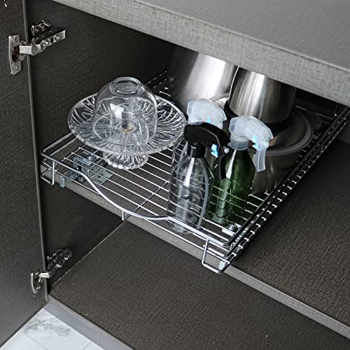 SITE Pull Out Cabinet Organizer 14" W x 21" D Heavy Duty Under Kitchen Cabinet Sliding Shelf,Requires At Least 15” Cabinet Opening, Chrome Finish