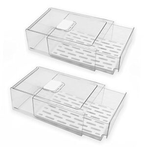 xiyao 2 pack stackable fridge organizer bins drawers with vented lids and drain tray ,clear pantry organization and storage,bpa-free food fruit vegetables storage for freezer, cabinet, kitchen, 11.8″x8.11″x4.5″