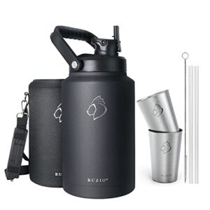 buzio insulated gallon water bottle with straw lid and carrying sleeve, 128oz stainless steel water jug with two stainless steel cups, hot cold metal canteen water flask, black