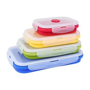 vigind set of 4 collapsible foldable silicone food storage container with bpa free, leftover meal box with airtight plastic lids for kitchen, bento lunch boxes-microwave, dishwasher and freezer safe