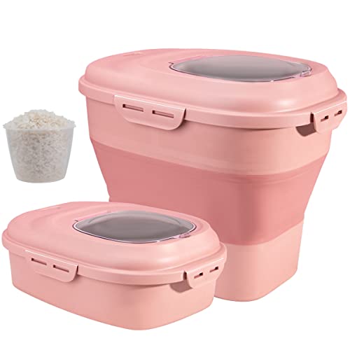 SUT 50 Lbs Pink Food Storage Container, Large Sealed Grain Container Storage with Airtight Locking Lid and Rolling Wheels, Leakproof Sealable Collapsible Large Rice Food Storage Container