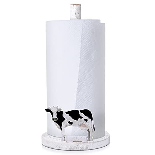 Farmhouse Paper Towel Holder Cow Rooster Sunflower Wooden Paper Towel Stand Paper Towel Dispenser Decorative Farm Kitchen Accessories for Kitchen Bathroom Table Decoration (Cow)