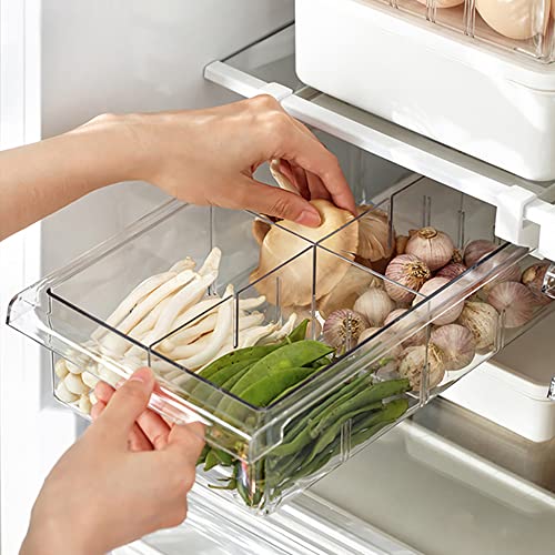 Cezoyx 2 Pack Fridge Drawer Organizer - Pull Out Refrigerator Organizer Bins with 2 Dividers, Fridge Shelf Holder Storage Box for Fruit, Vegetable, Food and Drinks, Fit for Fridge Shelf Under 0.6"