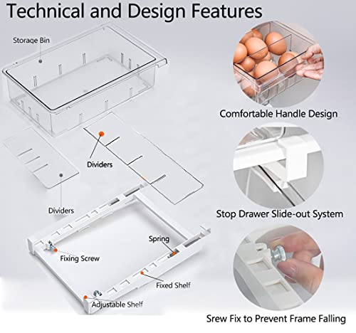 Cezoyx 2 Pack Fridge Drawer Organizer - Pull Out Refrigerator Organizer Bins with 2 Dividers, Fridge Shelf Holder Storage Box for Fruit, Vegetable, Food and Drinks, Fit for Fridge Shelf Under 0.6"