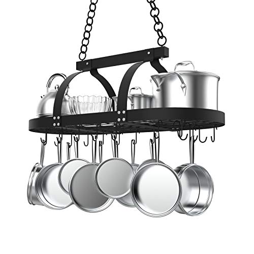 KES Ceiling Pot Rack 34-Inch Hanging Pot Rack for Kitchen Oval Pot and Pan Rack Matte Black Pot Hanger with 20 S Hooks, KUR221S85-BK