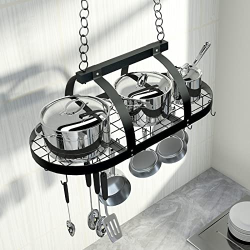 KES Ceiling Pot Rack 34-Inch Hanging Pot Rack for Kitchen Oval Pot and Pan Rack Matte Black Pot Hanger with 20 S Hooks, KUR221S85-BK