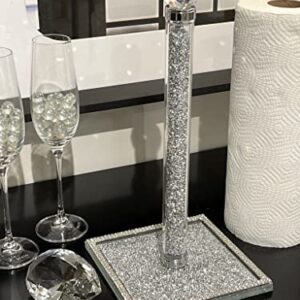 Bling Crystal Paper Towel Holder Roll Holder, Cute and Filled with Sparkly Crushed Diamonds, Stunning Silver, Mirrored Glass, Kitchen Countertop / Bathroom Tissue Holder, 13in x 6.3in