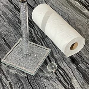 Bling Crystal Paper Towel Holder Roll Holder, Cute and Filled with Sparkly Crushed Diamonds, Stunning Silver, Mirrored Glass, Kitchen Countertop / Bathroom Tissue Holder, 13in x 6.3in