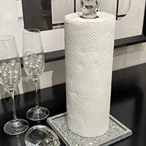 Bling Crystal Paper Towel Holder Roll Holder, Cute and Filled with Sparkly Crushed Diamonds, Stunning Silver, Mirrored Glass, Kitchen Countertop / Bathroom Tissue Holder, 13in x 6.3in