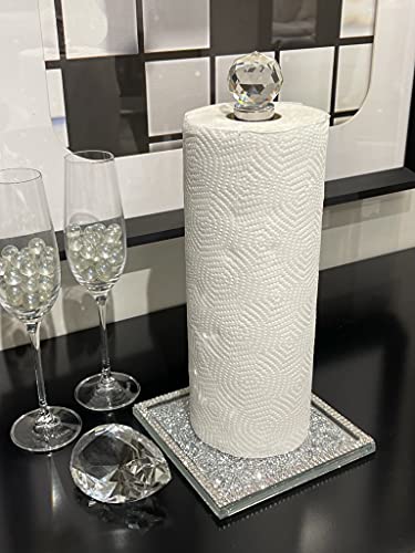 Bling Crystal Paper Towel Holder Roll Holder, Cute and Filled with Sparkly Crushed Diamonds, Stunning Silver, Mirrored Glass, Kitchen Countertop / Bathroom Tissue Holder, 13in x 6.3in