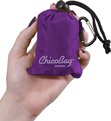 ChicoBag Original Reusable Grocery Bag with Attached Pouch and Carabiner Clip, Variety 4 Pack - Blue, Green, Purple, and Red