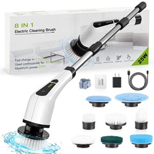electric spin scrubber, cordless cleaning brush tub tile scrubber for home, 8 replaceable brush heads, 90mins work time 3 adjustable handle 2 adjustable speeds for bathroom shower bathtub glass car