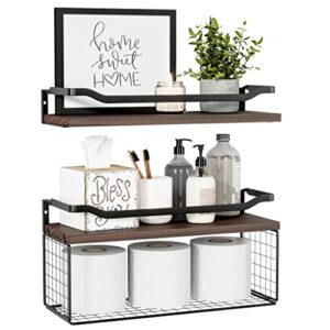 wopitues floating shelves with wire storage basket, bathroom shelves over toilet with protective metal guardrail, wood wall shelves for bathroom, bedroom, living room, toilet paper- dark walnut