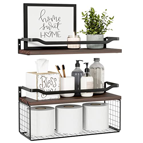 WOPITUES Floating Shelves with Wire Storage Basket, Bathroom Shelves Over Toilet with Protective Metal Guardrail, Wood Wall Shelves for Bathroom, Bedroom, Living Room, Toilet Paper- Dark Walnut