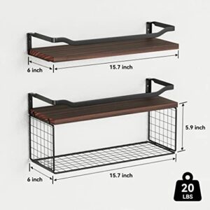 WOPITUES Floating Shelves with Wire Storage Basket, Bathroom Shelves Over Toilet with Protective Metal Guardrail, Wood Wall Shelves for Bathroom, Bedroom, Living Room, Toilet Paper- Dark Walnut