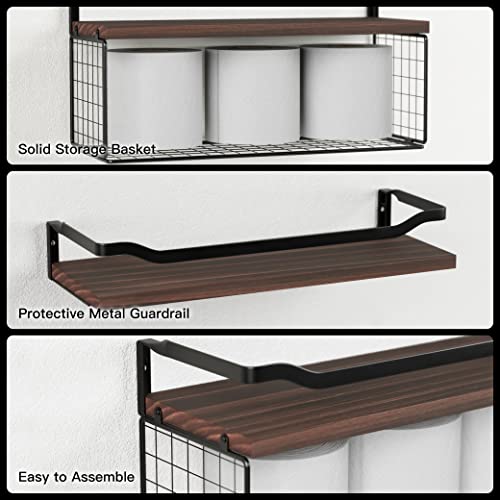 WOPITUES Floating Shelves with Wire Storage Basket, Bathroom Shelves Over Toilet with Protective Metal Guardrail, Wood Wall Shelves for Bathroom, Bedroom, Living Room, Toilet Paper- Dark Walnut