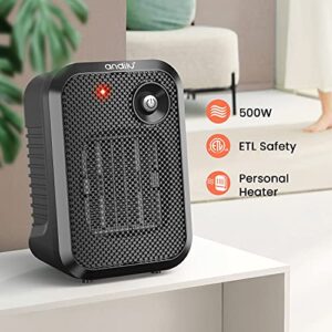 andily 500W Space Electric Small Heater for Home&Office Indoor Use on Desk with Safety Power Switch PTC BLACK