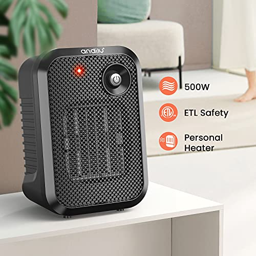 andily 500W Space Electric Small Heater for Home&Office Indoor Use on Desk with Safety Power Switch PTC BLACK