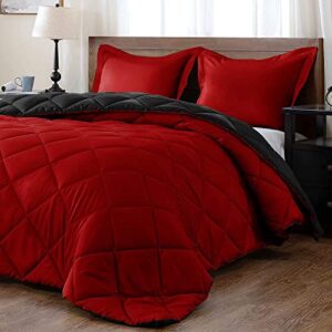 downluxe lightweight solid comforter set (king) with 2 pillow shams – 3-piece set – red and black – down alternative reversible comforter