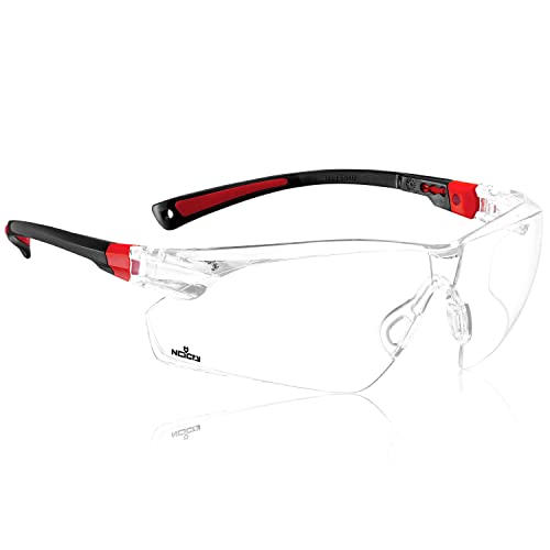 NoCry Clear Safety Glasses for Men and Women; Lightweight Work Glasses with Adjustable Frames and No-Slip Grips; Scratch Resistant Anti Fog Safety Glasses with Superior UV Protection, Black & Red