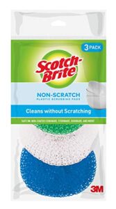 scotch-brite non-scratch plastic scrubbing pads, cleans dishes without scratching, 3 scrubbing pads