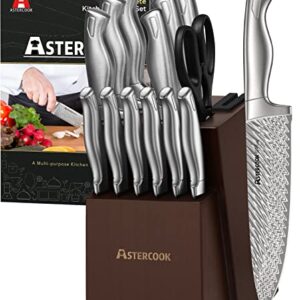 Knife Set, Damascus Kitchen Knife Set with Block, Built-in Knife Sharpener, German Stainless Steel Knife Block Set, Dishwasher Safe