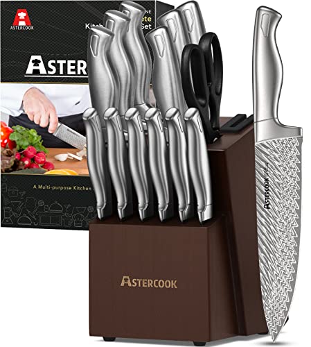Knife Set, Damascus Kitchen Knife Set with Block, Built-in Knife Sharpener, German Stainless Steel Knife Block Set, Dishwasher Safe
