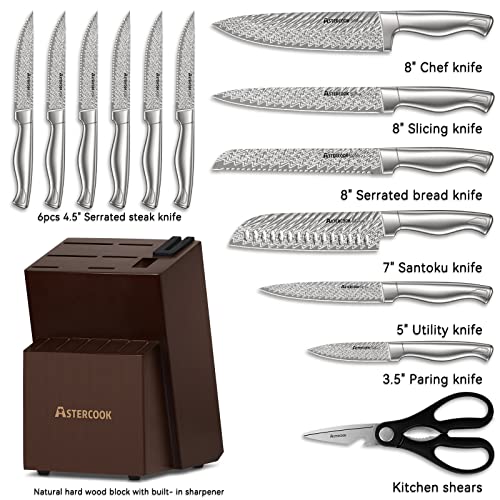 Knife Set, Damascus Kitchen Knife Set with Block, Built-in Knife Sharpener, German Stainless Steel Knife Block Set, Dishwasher Safe