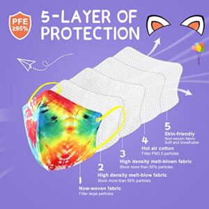 MISSAA KN95 Face Masks for Kids 30 Pcs, 5 Layers Disposable Protective Mask Small Size with Elastic Earloops for Children Boys Girls School Indoor Outdoor Use, Tie-dye