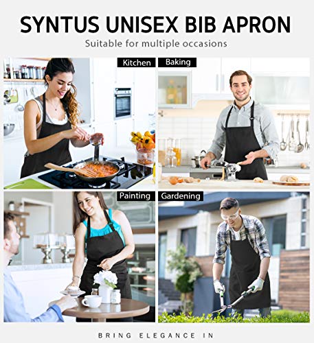 Syntus 12 Pack Bib Apron, Unisex Aprons Adjustable Waterdrop Resistant with 2 Pockets Cooking Kitchen Apron for Chef, BBQ Drawing Apron Bulk, Black