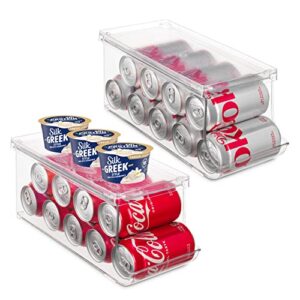 set of 2 stackable refrigerator organizer bins pop soda can dispenser beverage holder for fridge, freezer, kitchen, countertops, cabinets – clear plastic canned food pantry storage rack holds 9 cans