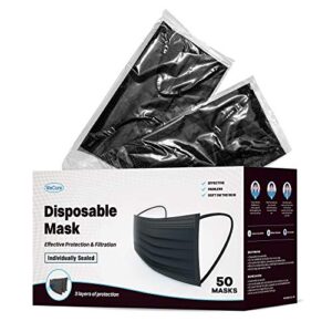 wecare disposable face mask individually wrapped – 50 pack, black masks 3 ply
