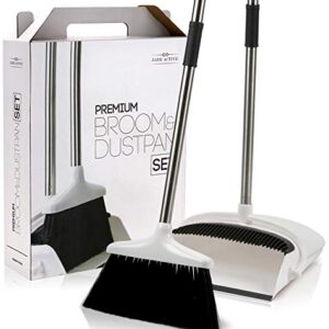 Broom and Dustpan Set for Home - Premium Long Handled Broom Dustpan Combo - Upright Standing Lobby Broom and Dust Pan Brush w/ Handle - Great Edge, Lightweight and Robust