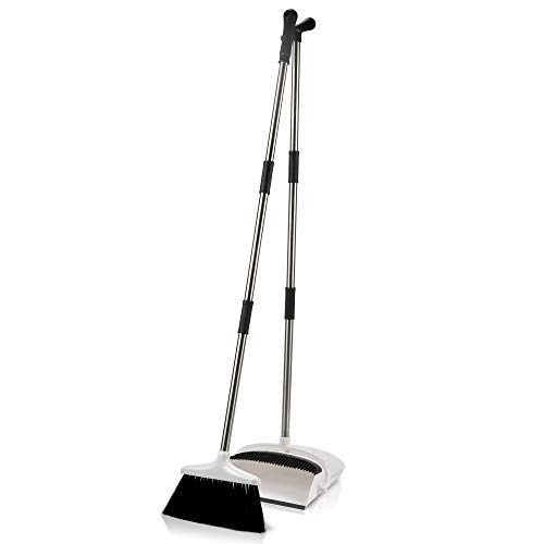 Broom and Dustpan Set for Home - Premium Long Handled Broom Dustpan Combo - Upright Standing Lobby Broom and Dust Pan Brush w/ Handle - Great Edge, Lightweight and Robust