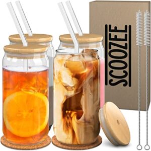scoozee glass cups with lids and straws (set of 4, 16 oz) – glass tumbler with straw and lid, can shaped drinking glasses, iced coffee cup, beer glasses – aesthetic cute coffee bar gift